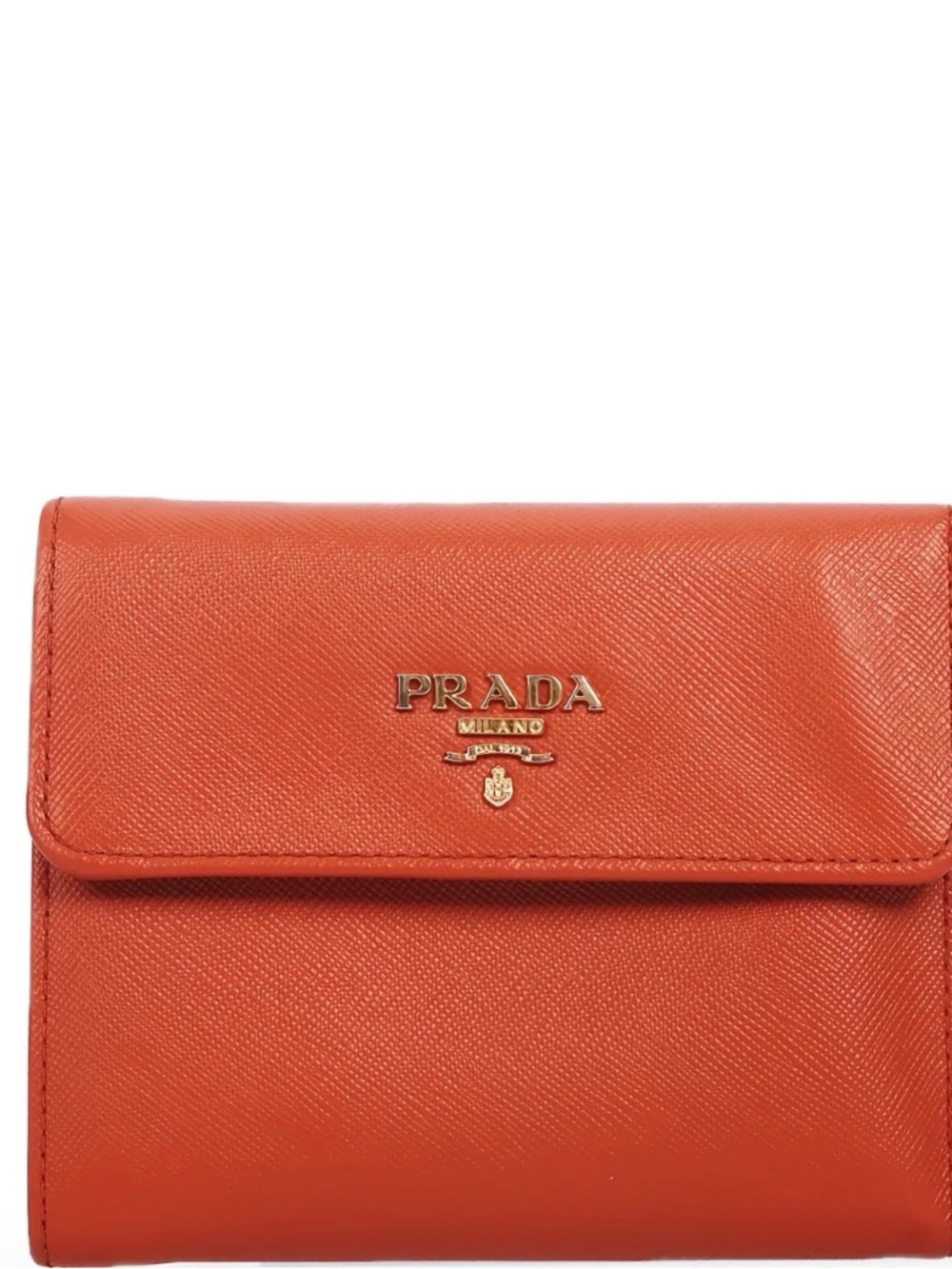 Prada Orange Saffiano Leather Compact Wallet with Gold Logo